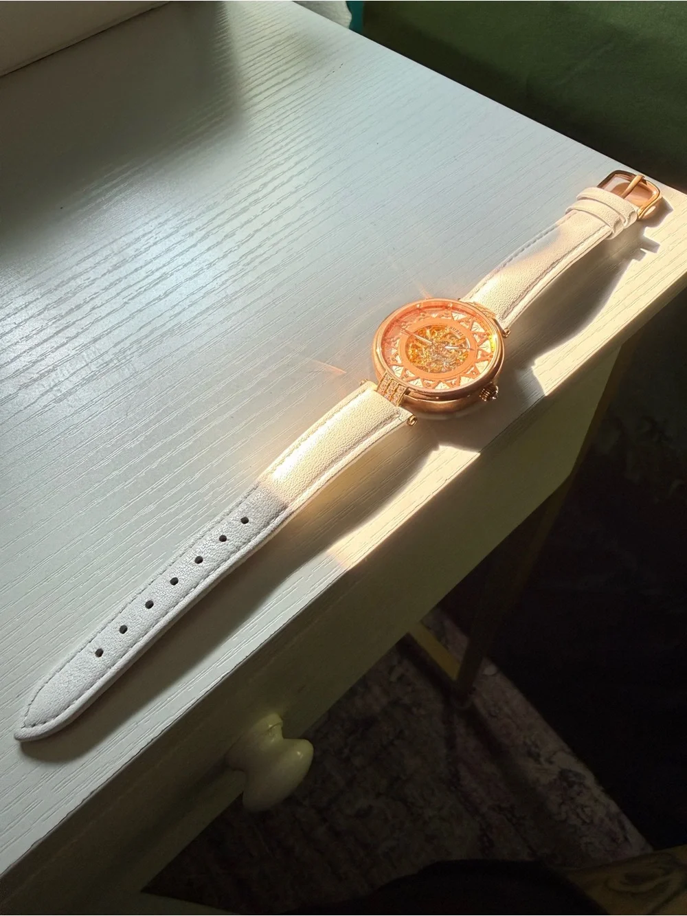 Bureau Rose Gold Skeleton Dial Watch with White leather Strap